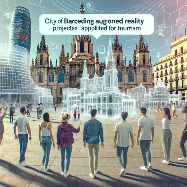 "Vista de un turista utilizando una aplicación de realidad aumentada en una atracción turística de Barcelona, destacando proyectos innovadores que transforman la experiencia viajera."