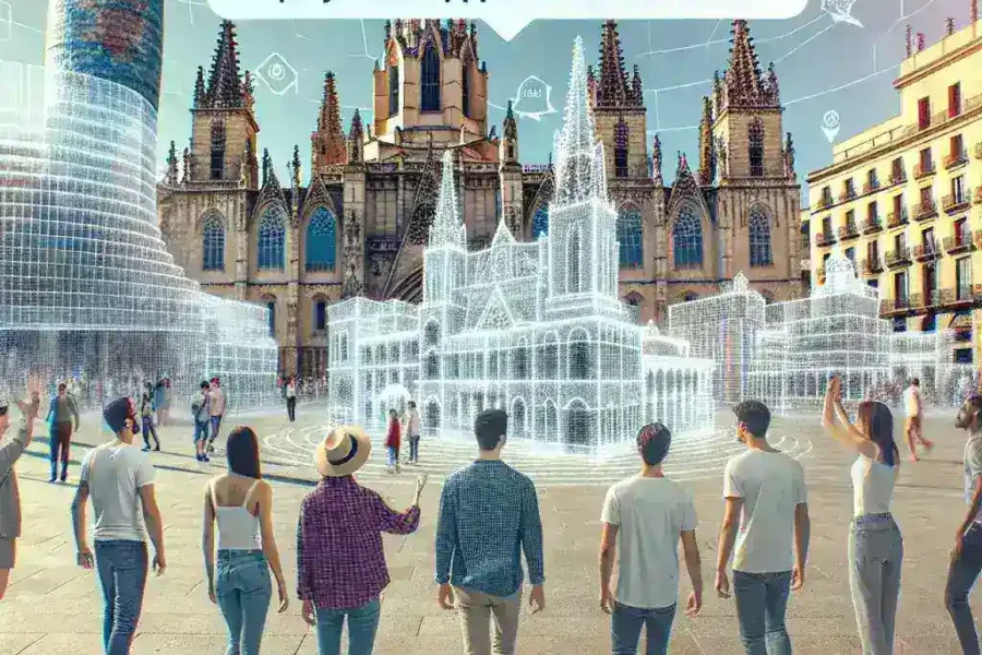 "Vista de un turista utilizando una aplicación de realidad aumentada en una atracción turística de Barcelona, destacando proyectos innovadores que transforman la experiencia viajera."